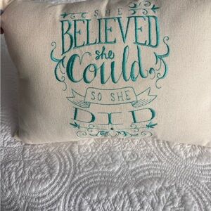 Inspirational Cream Pillow with Teal Embroidery